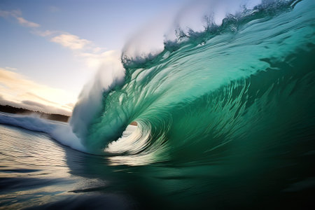 Ocean wave with blue and green water at sunset. Beautiful natural backgroundの写真素材