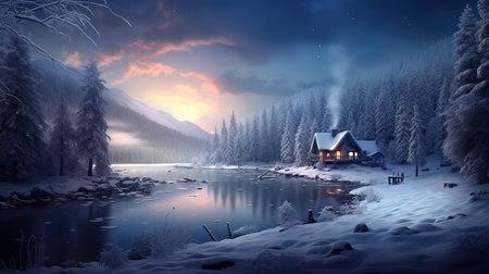 Winter landscape with a mountain lake and a wooden house at night.の写真素材