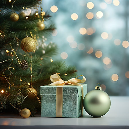 Green gift box with golden bow and christmas tree on blurred backgroundの写真素材