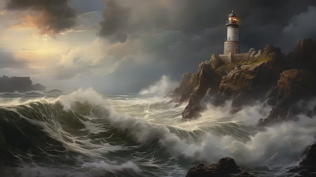 Lighthouse on the rocky coast in stormy weather. 3D renderingの写真素材