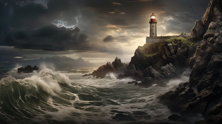 Lighthouse on the rocks in stormy sea. 3D renderingの写真素材