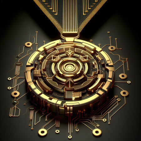 Gold medal with the image of the mosque on the background of the electronic circuitの写真素材