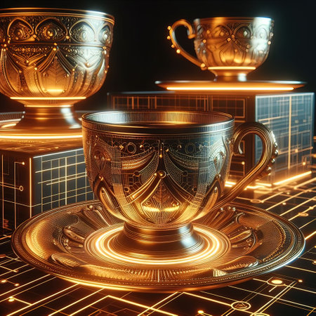 3d rendering of an antique cup and a cup of coffee on a black backgroundの写真素材