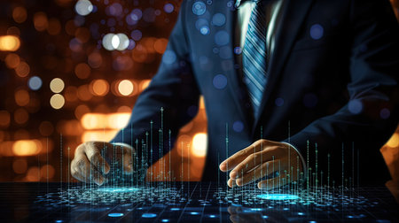 Close up of businessman working with virtual panel on dark bokeh backgroundの写真素材