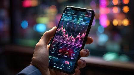 Smartphone screen displaying stock market data on a screen. 3d rendering.の写真素材