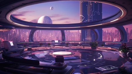 3D rendering of a futuristic space station with a view of the cityの写真素材