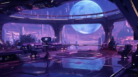 Spaceship interior with a view of the city and the moon