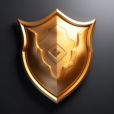 Golden shield on black background. 3D rendering. Golden shield.の写真素材