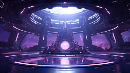 3D rendering of a fantasy alien space station with lights and reflectionsの写真素材