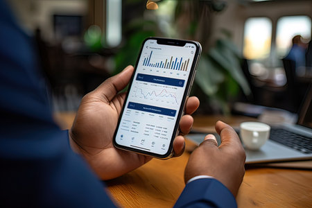 Close-up of a man using a smart phone with financial charts on the screenの写真素材