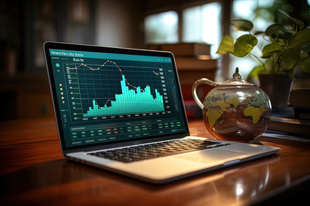 Laptop with stock market chart on the screen. 3d rendering.の写真素材