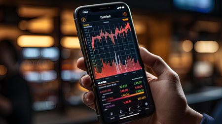 Smartphone screen displaying stock market data on the screen, stock exchange conceptの写真素材