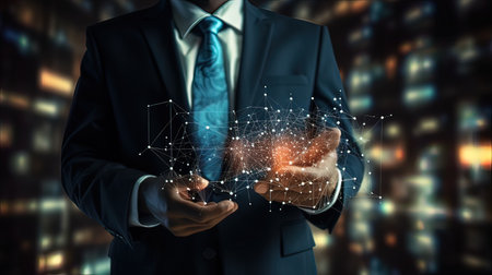 Businessman holding network connection concept in his hands. 3D renderingの写真素材
