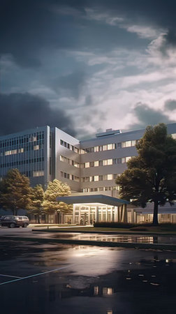 Modern office building in the city at night with a dark sky.の写真素材