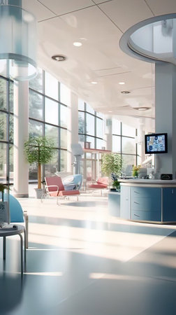 Interior of a modern office building. Nobody inside. 3d renderingの写真素材