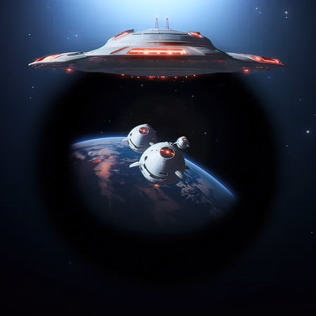 UFO flying in space. Science fiction. 3D rendering.の写真素材