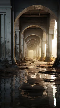 Reflection of the arches in the water at night, 3d renderの写真素材