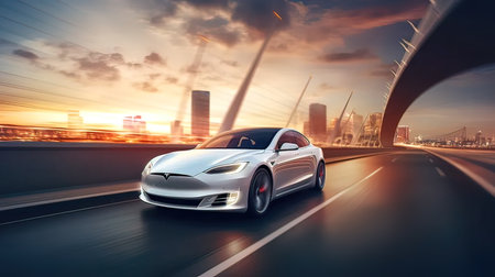 3D rendering of a sports car driving in the city at sunsetの写真素材