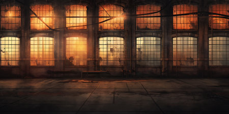 3D rendering of an old factory building in a foggy atmosphereの写真素材