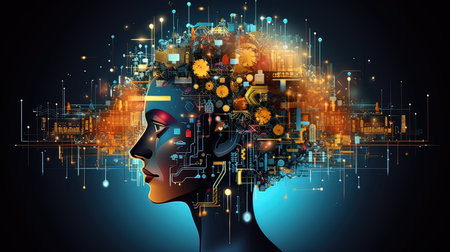 Conceptual background image with human head and circuit board. 3d renderingの写真素材