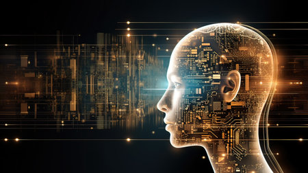 Artificial intelligence and machine learning concept. 3d rendering toned image double exposureの写真素材