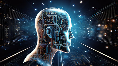 Digital cyborg head with circuit board on dark background 3D renderingの写真素材