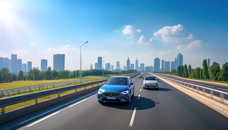 Car on the road with modern city skyline background. 3d renderingの写真素材