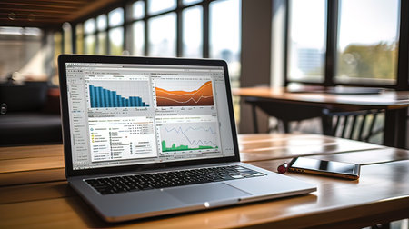 Laptop with financial charts and graphs on screen. 3d rendering.の写真素材