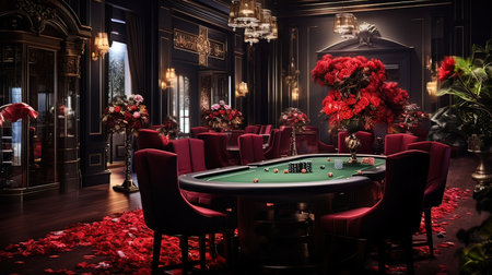 Classic casino interior with red armchairs, table and flowers. Concept of gambling.の写真素材
