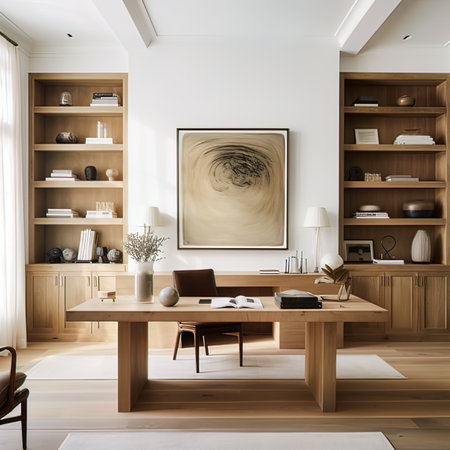 Interior of a modern office with a wooden desk and a bookcase. 3d renderingの写真素材