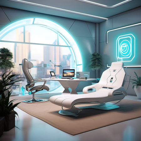 Interior of modern office with white furniture, armchair and window with city view. 3D renderingの写真素材