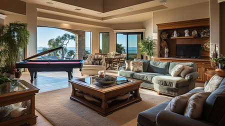 Luxury living room interior with a view of the pool.の写真素材