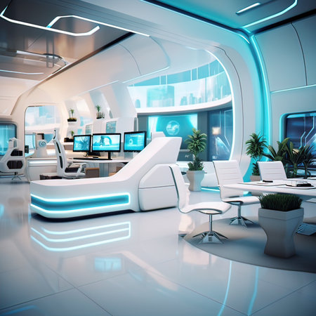 3d rendering of interior of a modern office with blue lights.の写真素材