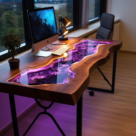 Workplace with computer on a wooden table in a home office.の写真素材