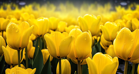 Yellow tulips with water drops on the petals. Spring backgroundの写真素材