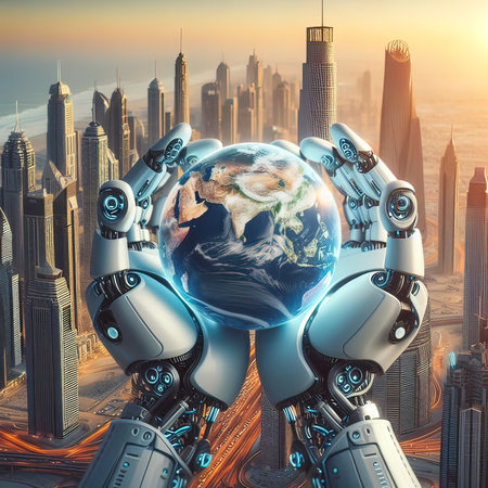 3d rendering robot hand holding planet earth in futuristic cityscape backgroundの写真素材
