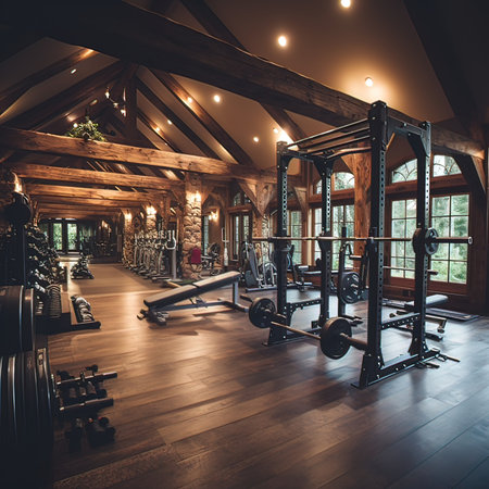 Interior of a modern gym with sport equipment in the attic.の写真素材
