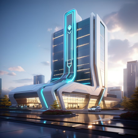 Skyscrapers of the city at night. 3D renderingの写真素材