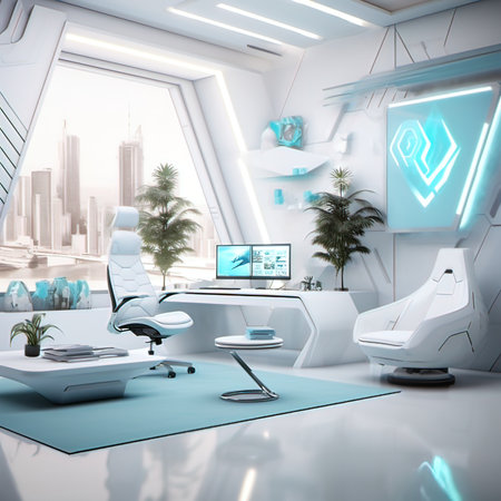 3d rendering of modern office interior design with white chair and computerの写真素材