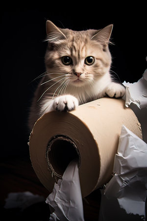 Cute cat with a roll of toilet paper on a black backgroundの写真素材
