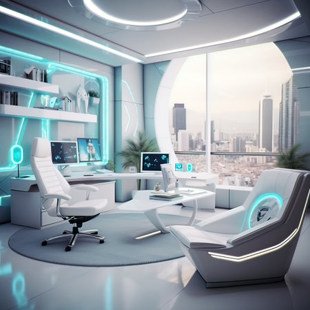 3d render of interior of modern office with white furniture and city view