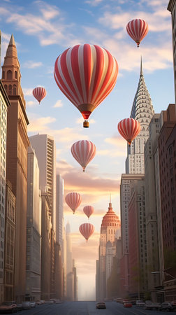 Hot air balloons flying over the city at sunset. 3D renderingの写真素材