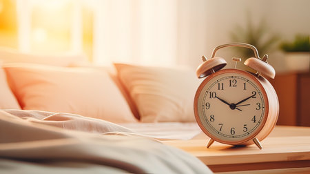 Retro alarm clock on the bed in the morning. Time conceptの写真素材