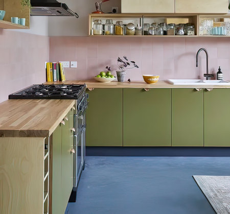 interior of a modern kitchen with green and beige walls, view to the islandの写真素材