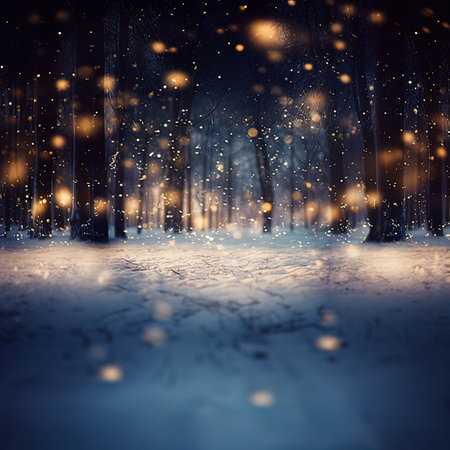 Winter forest with snow and falling snowflakes. Christmas background.の写真素材