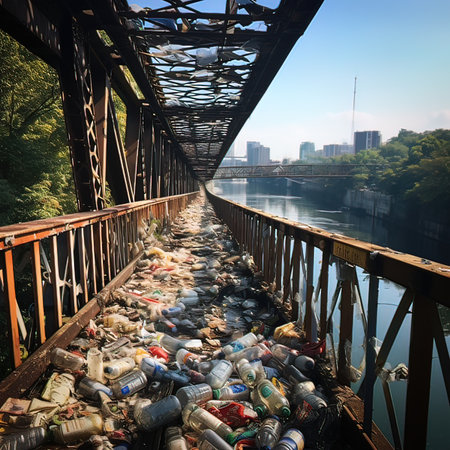 Abandoned garbage on the bridge over the river in the morningの写真素材