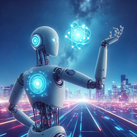 3d rendering humanoid robot working on modern city scape at nightの写真素材