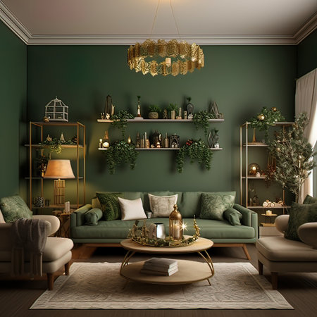 Green living room interior with green sofa and coffee table. 3d renderの写真素材