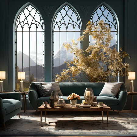 Luxury living room interior with green sofa, coffee table and window with mountains view. 3D Renderingの写真素材