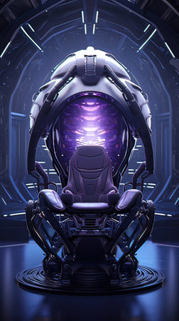 3D rendering of a robot in a futuristic space with neon lightsの写真素材